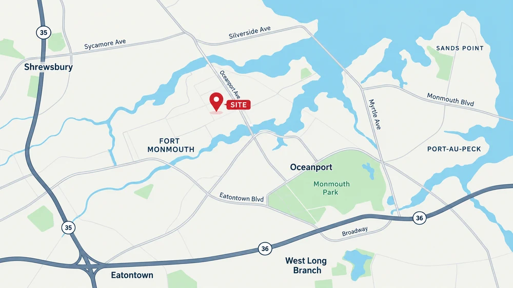 Area map locating Fort Monmouth near Oceanport Avenue and routes 35 and 36